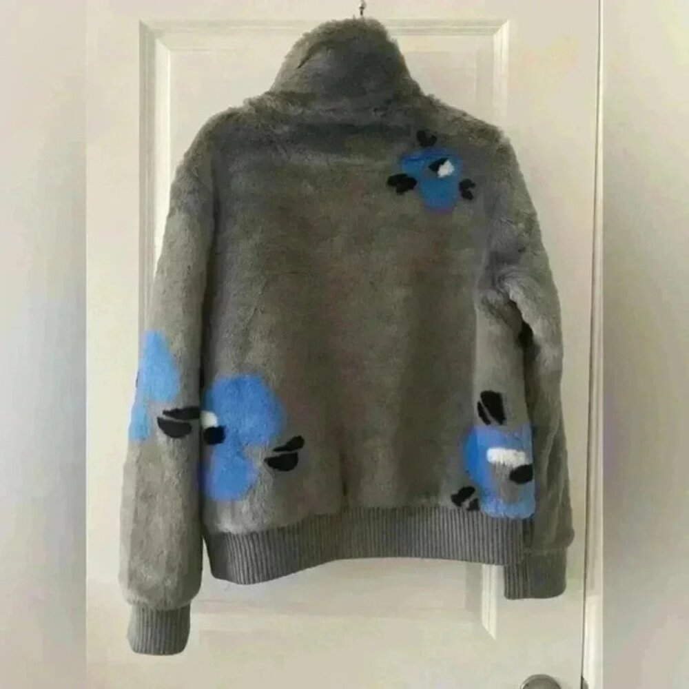 Andrew Marc L Bomber Jacket New York Women's Faux Fur Grey Floral Blue - Picture 5 of 10